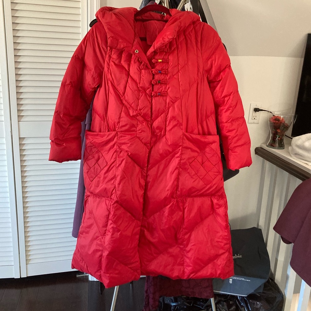 Red Quilted puffer coat rainbow knots button Chinese style small